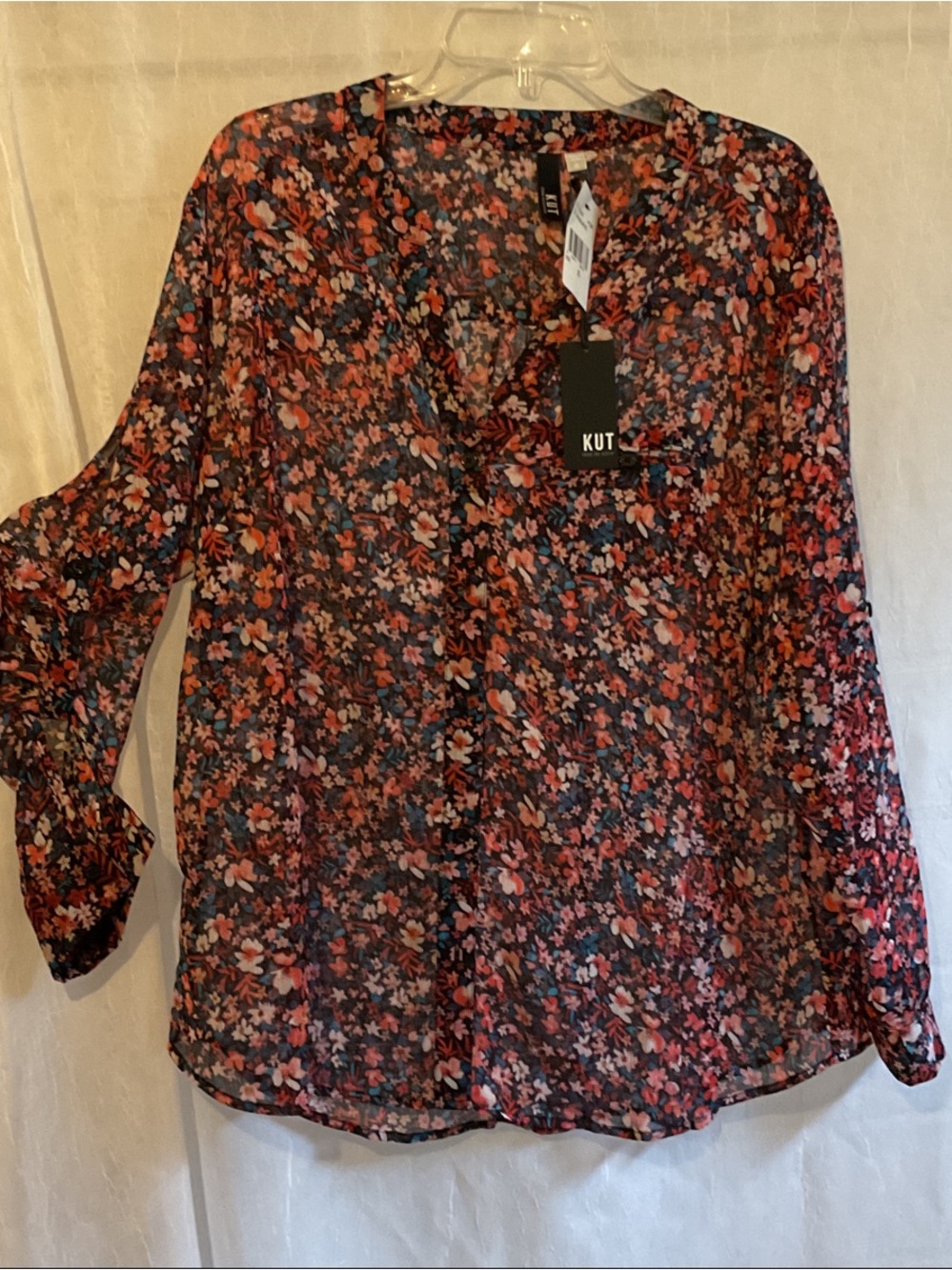 Kut from the Kloth Black Floral V-Neck Sheer Blouse Button up XL